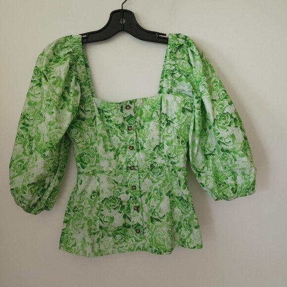Ganni Tops - GANNI Green Floral Puff Sleeve Square Neck Milkmaid Blouse